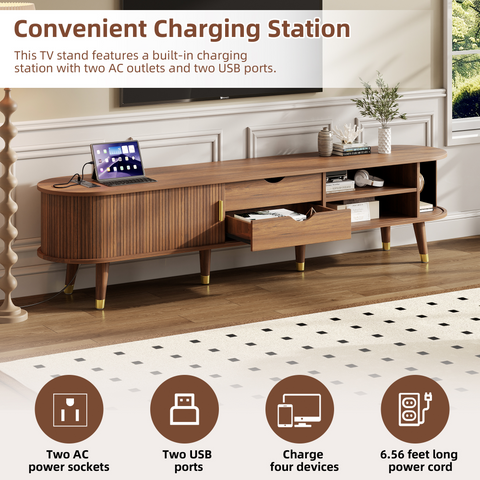 Fluted Oval TV Stand with Charging Station, Walnut, view 5