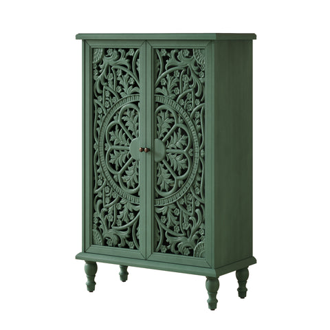 Farmhouse Accent Cabinet with Carved Hollow Doors and Turned Legs, Antique Green, view 14