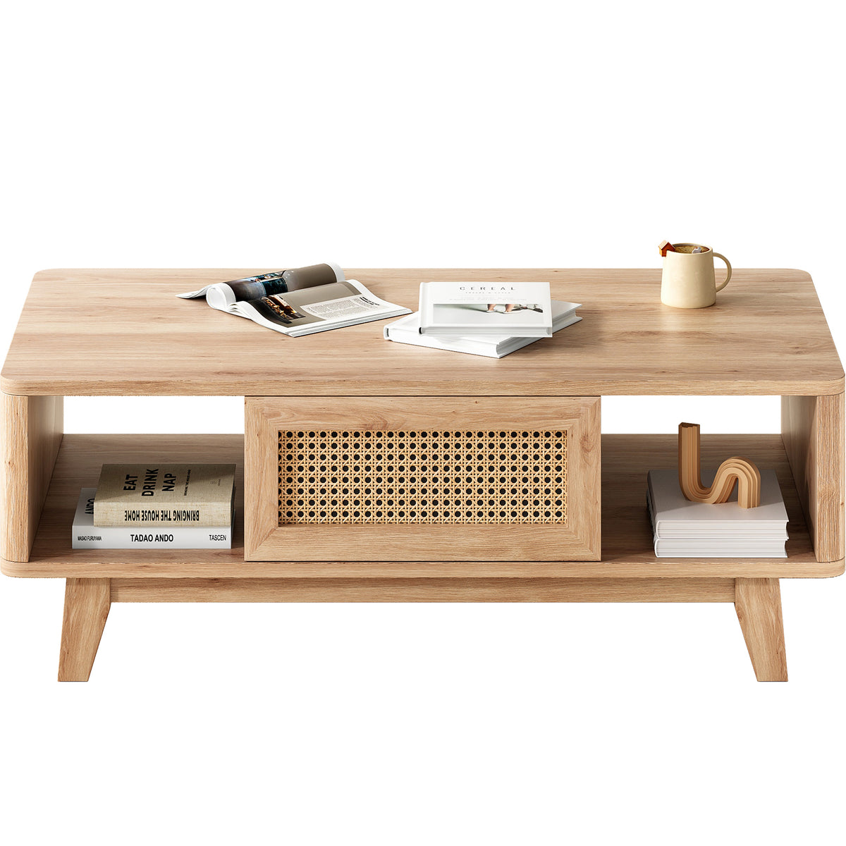 Mid Century Modern Square Wood Coffee Table - Rattan Drawer Solid Wood Leg