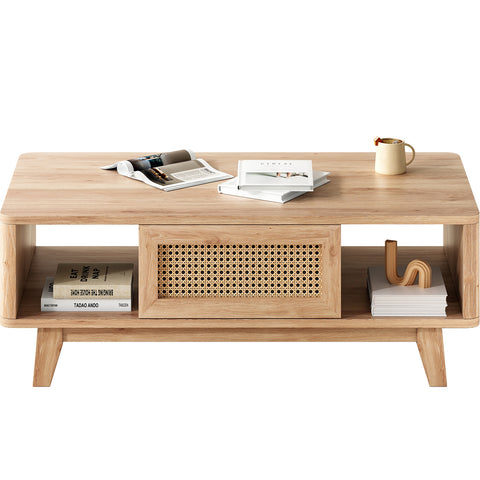 Mid Century Modern Square Wood Coffee Table - Rattan Drawer Solid Wood Leg