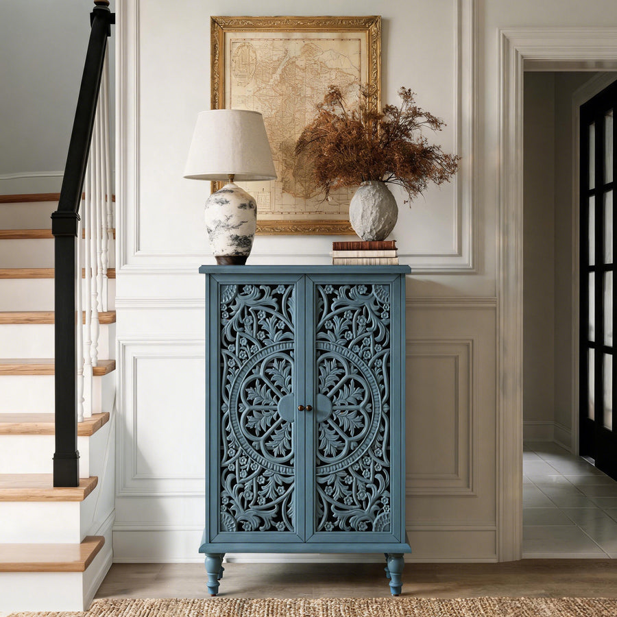 Farmhouse Accent Cabinet with Carved Hollow Doors and Turned Legs, Antique Blue, view 2
