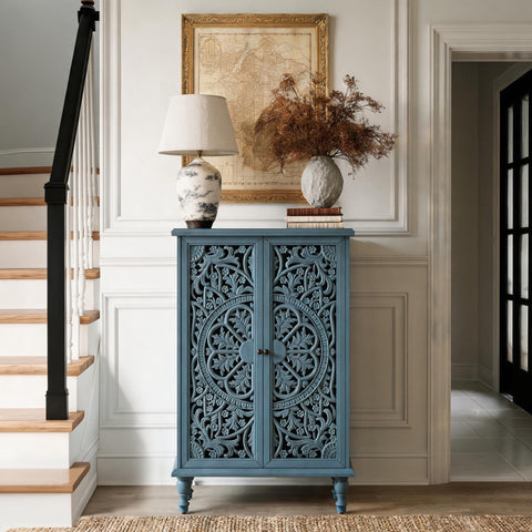 Farmhouse Accent Cabinet with Carved Hollow Doors and Turned Legs, Antique Blue, view 2