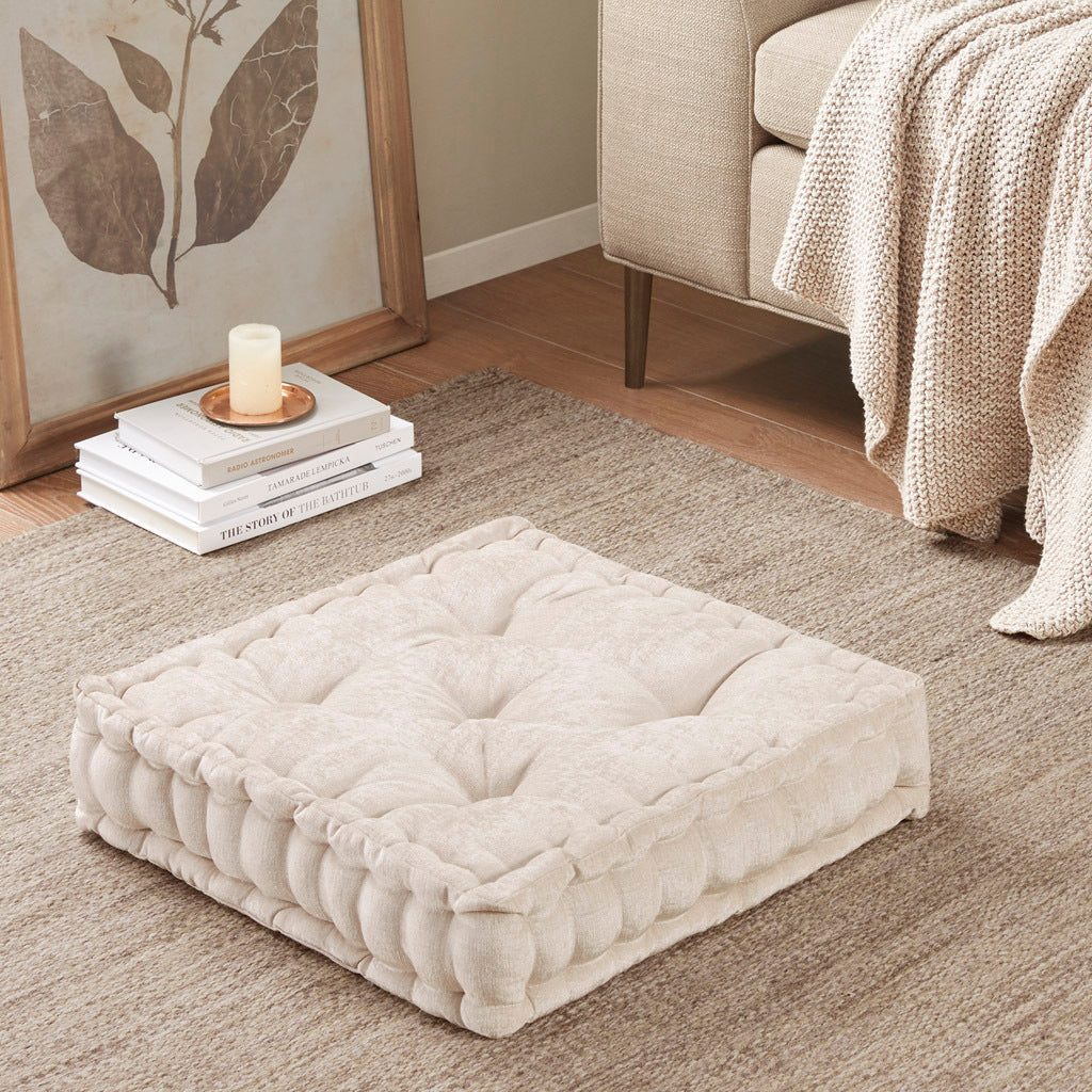Square Floor Pillow Cushion – Ivory Poly Chenille, 20x20 Inch