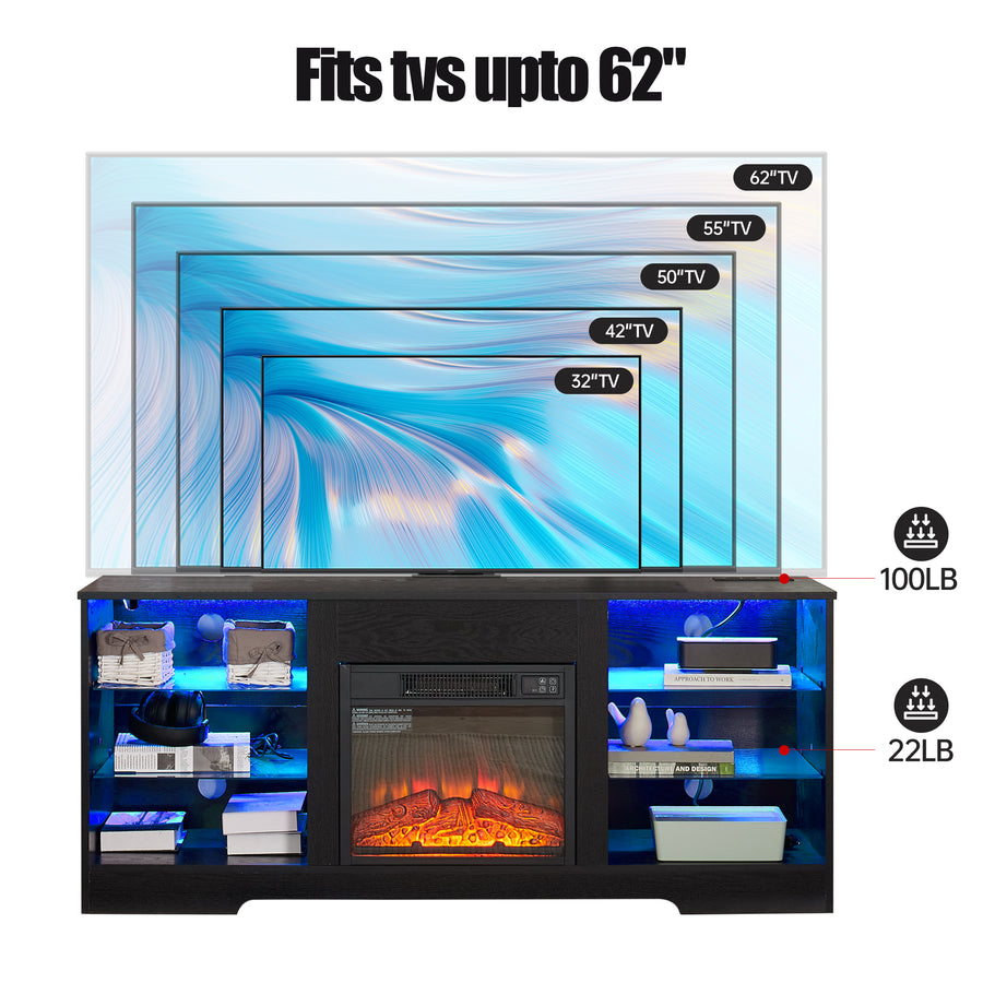 Electric Fireplace TV Stand with LED Lights and Glass Shelves, Black, view 3