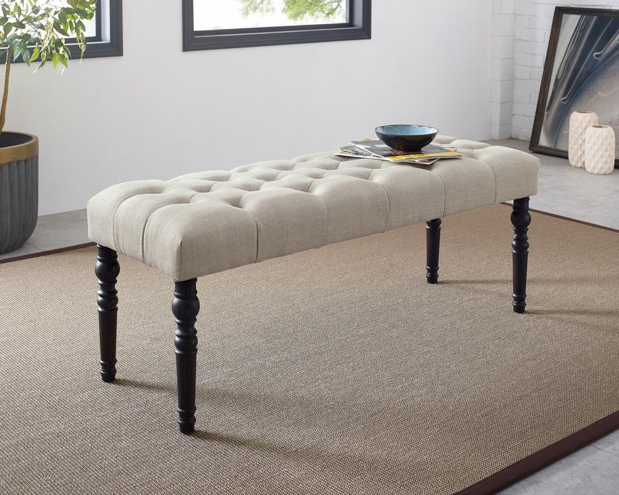 Leviton Fabric Tufted Turned Leg  Dining Bench, Tan