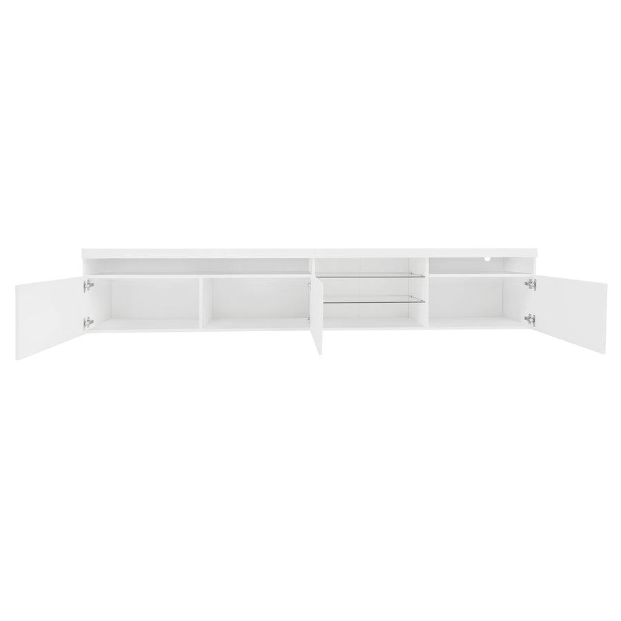 94.5" Extra-Long TV Stand with Glass Shelves and App-Controlled LED Lights, White, view 12