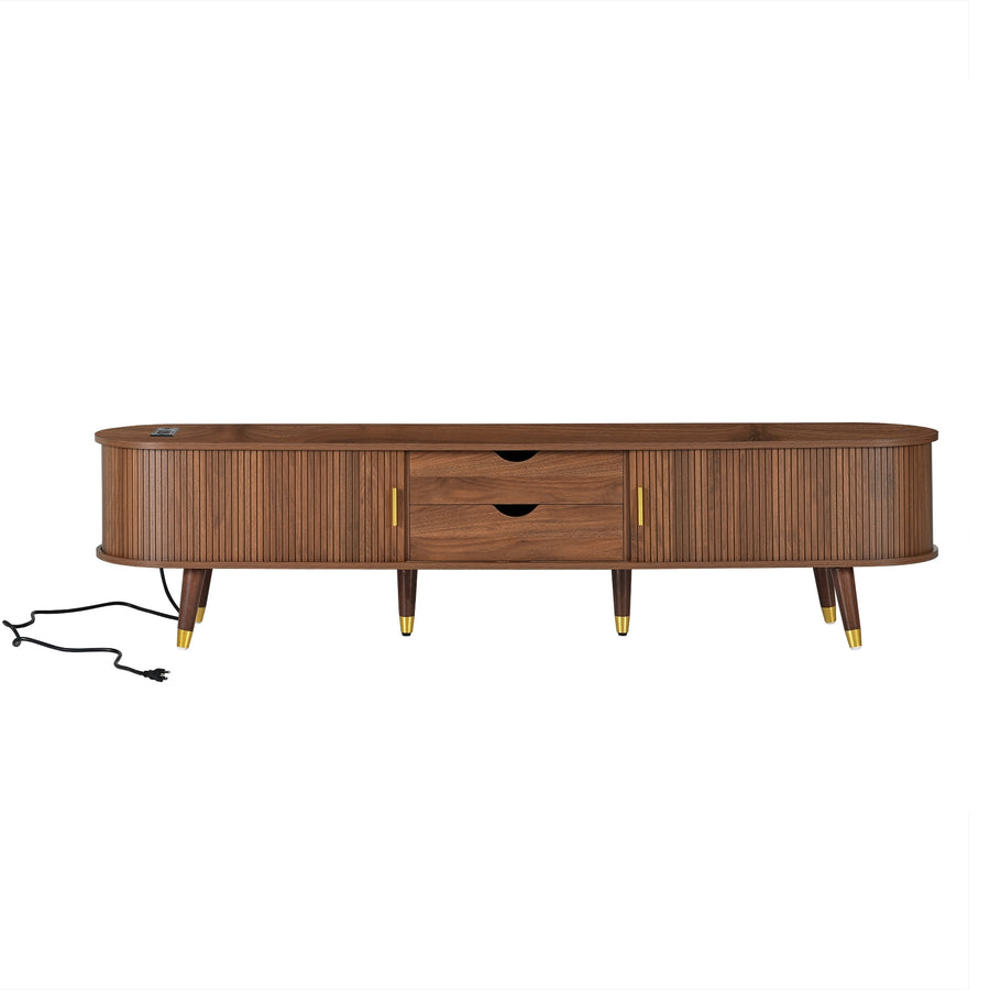 Fluted Oval TV Stand with Charging Station, Walnut, view 8