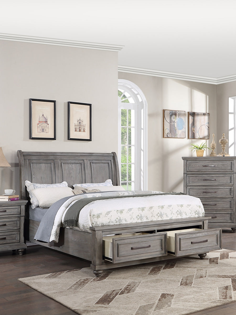 Vintage Queen Sleigh Bed with Under-Bed Storage Drawers, Antique Gray