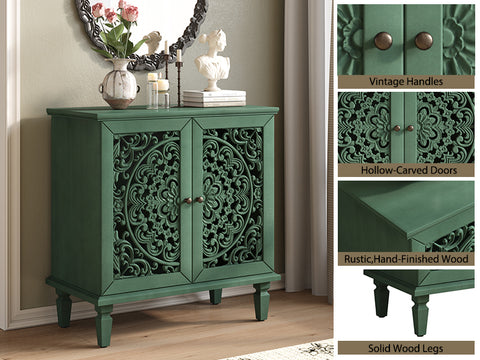 Vintage Accent Cabinet with Carved Floral Doors and Solid Wood Legs, Antique Green, view 3