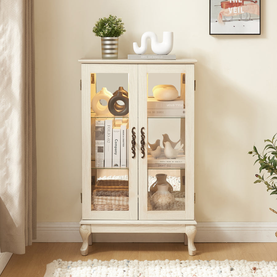 Lighted Curio Cabinet with Tempered Glass Doors and Mirrored Back, White