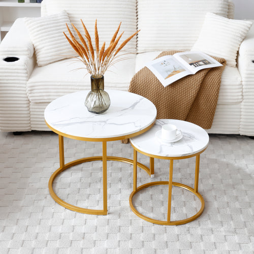 Round Nesting Coffee Table Set of 2, White and Gray Marble Pattern with Gold Metal Frame