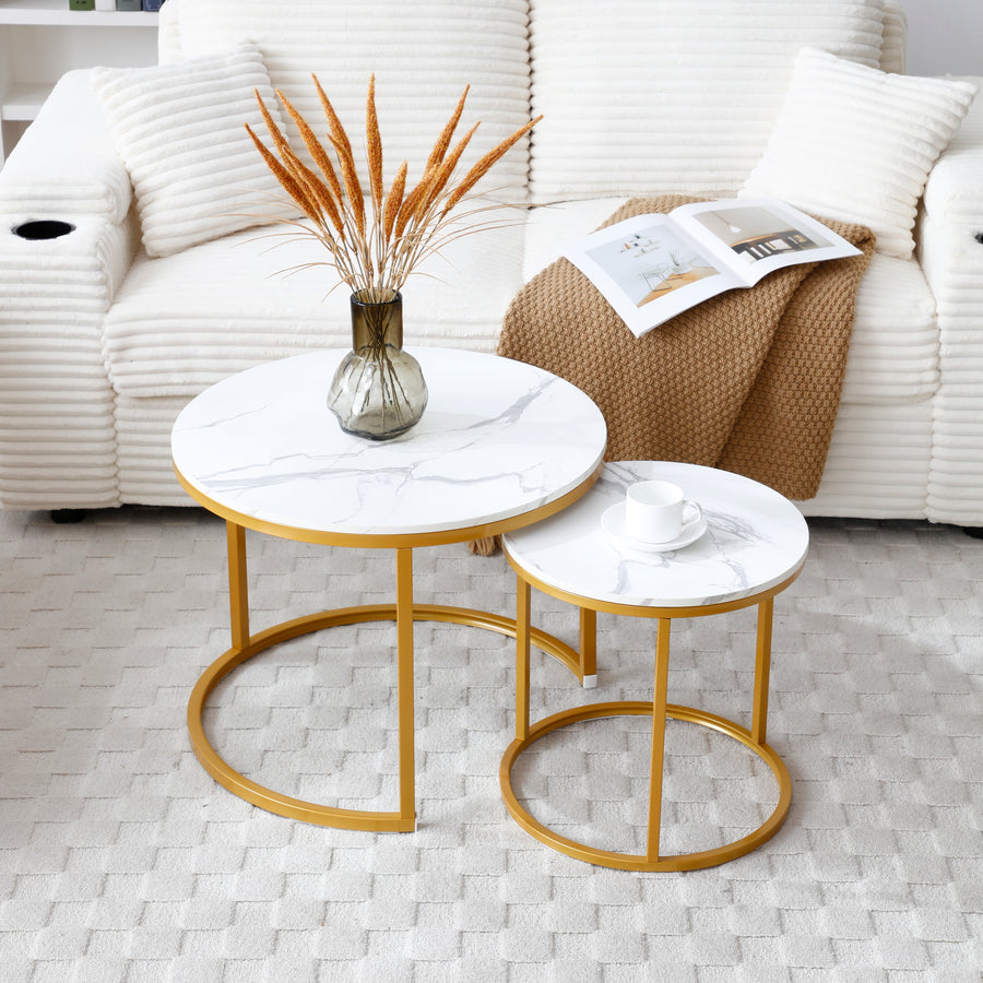 2PC Modern Industrial Nesting Coffee Table - White & Gray Marble Pattern Wooden Nightstand with Golden Frame