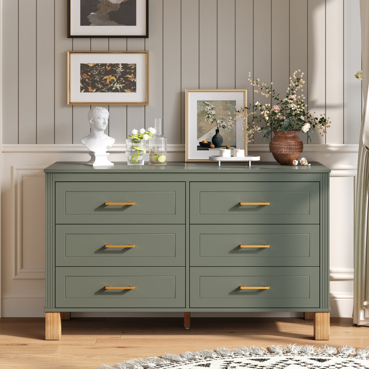 Mid-Century 6-Drawer Double Dresser with Metal Handles and Solid Wood Legs, Olive