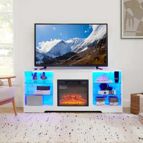 Electric Fireplace TV Stand with LED Lights and Glass Shelves, 58" Media Console with USB Charging, White