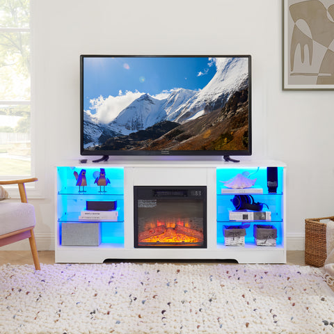Electric Fireplace TV Stand with LED Lights and Glass Shelves, White