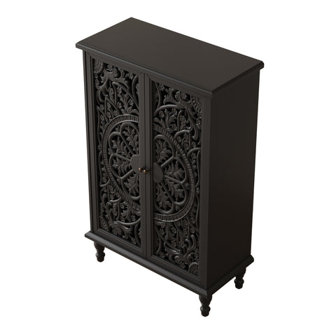 Farmhouse Accent Cabinet with Carved Hollow Doors and Turned Legs, Black, view 14