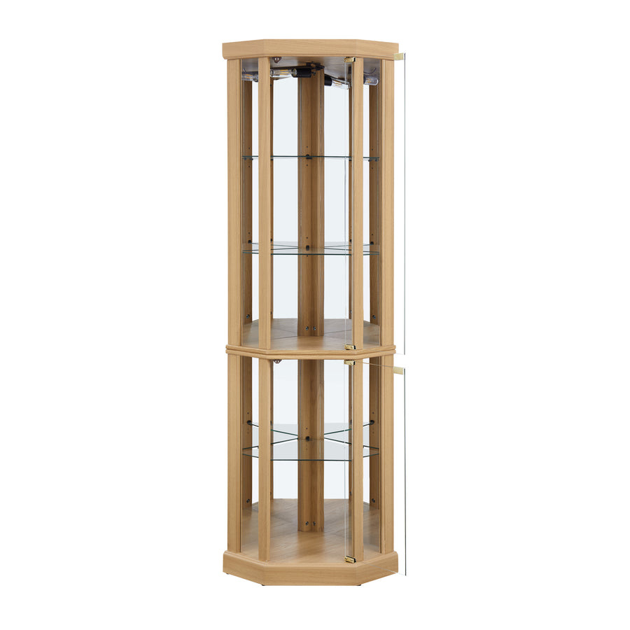 Lighted Corner Curio Cabinet with Glass Doors and Mirrored Back, Light Oak, view 12