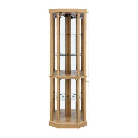 Lighted Corner Curio Cabinet with Glass Doors and Mirrored Back, Light Oak, view 12