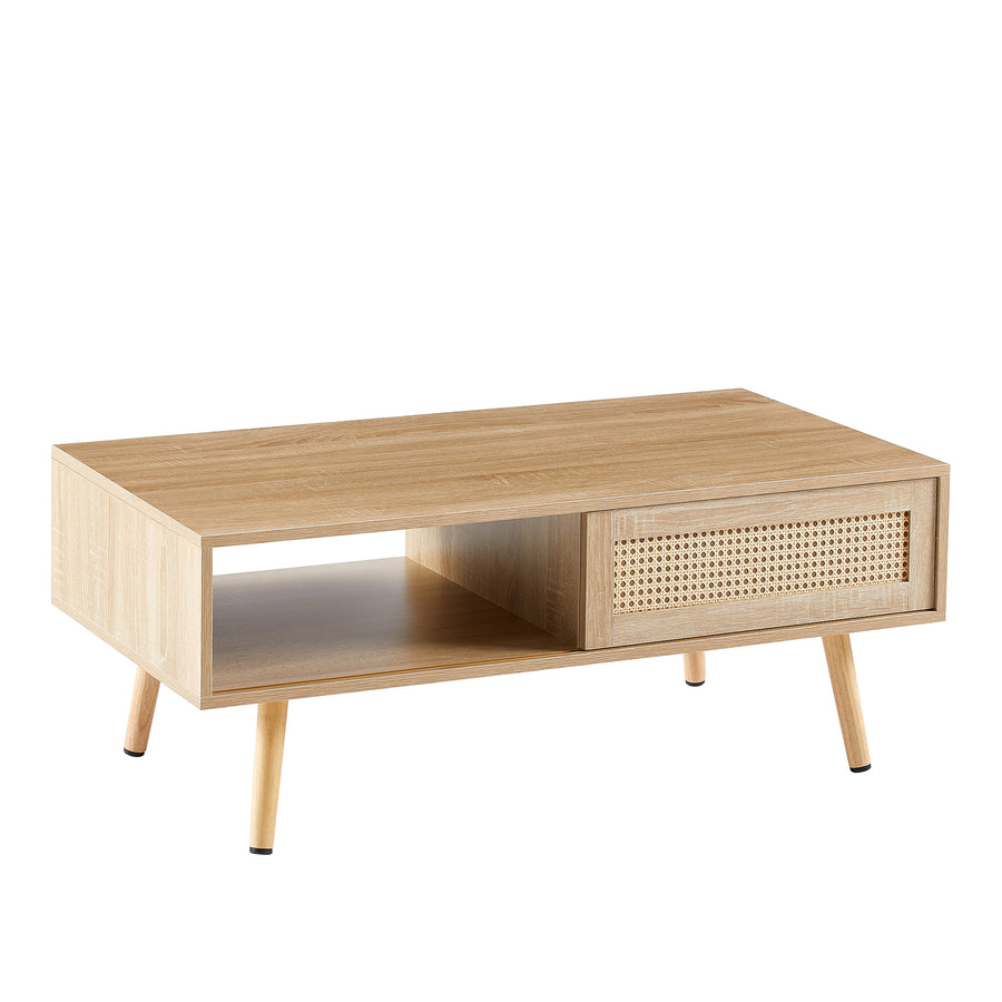 41" Natural Rattan Coffee Table with Sliding Storage Door