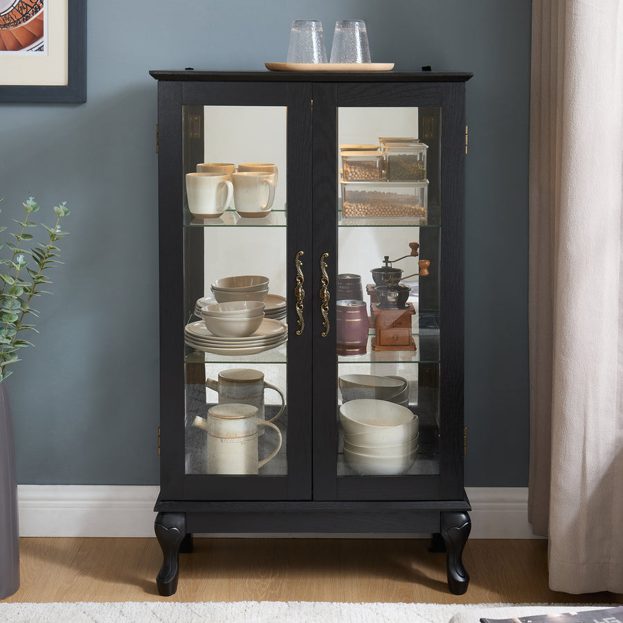 Lighted Curio Cabinet with Tempered Glass Doors and Mirrored Back, Black, view 8