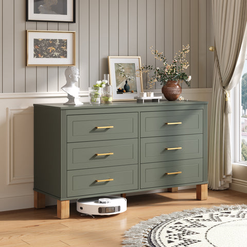 Mid-Century 6-Drawer Double Dresser with Metal Handles and Solid Wood Legs, Olive, view 2