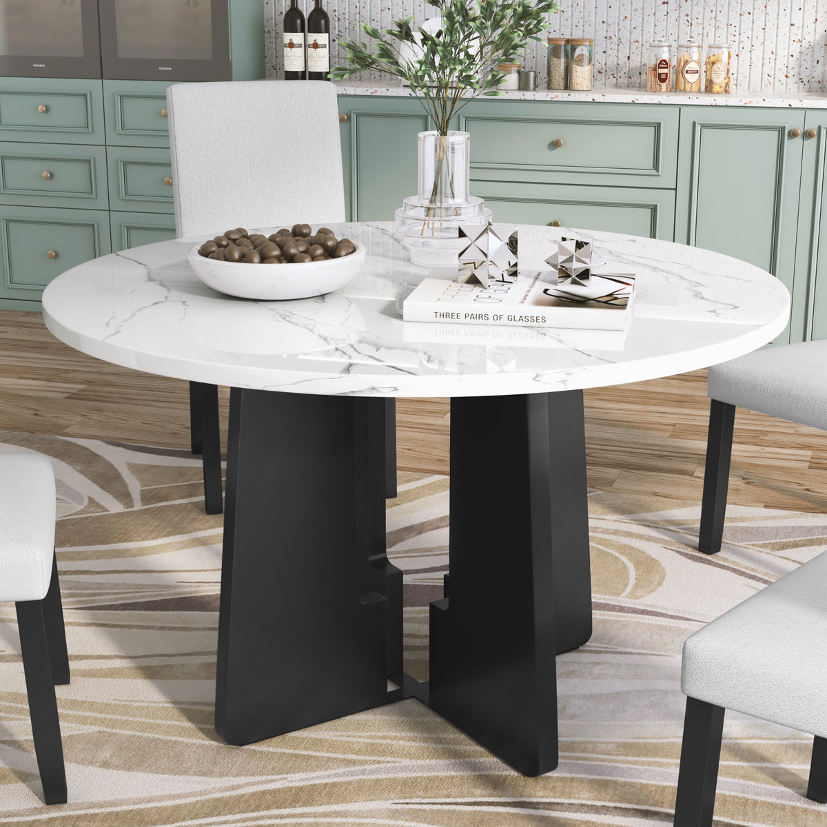 43-Inch Round Faux Marble Dining Table - White Mid-Century Modern