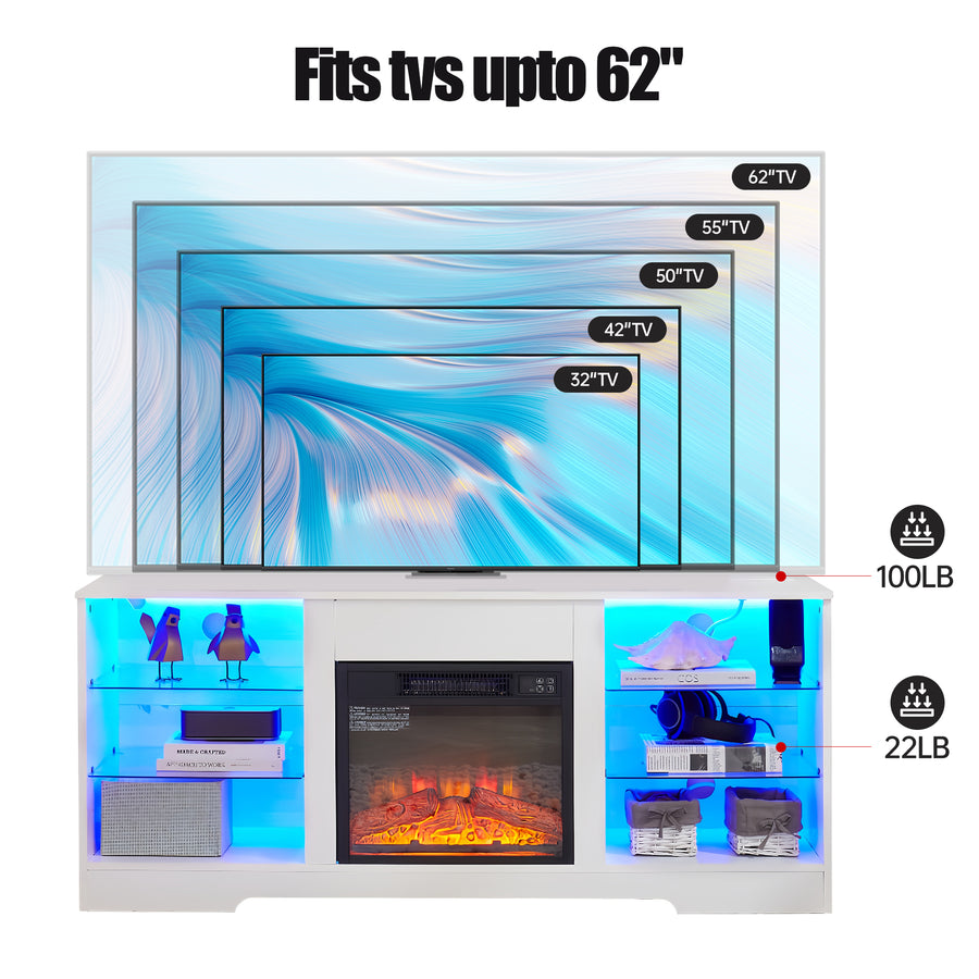 Electric Fireplace TV Stand with LED Lights and Glass Shelves, White, view 3