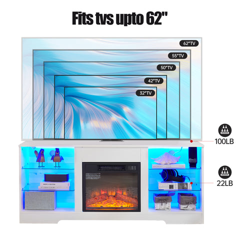 Electric Fireplace TV Stand with LED Lights and Glass Shelves, White, view 3
