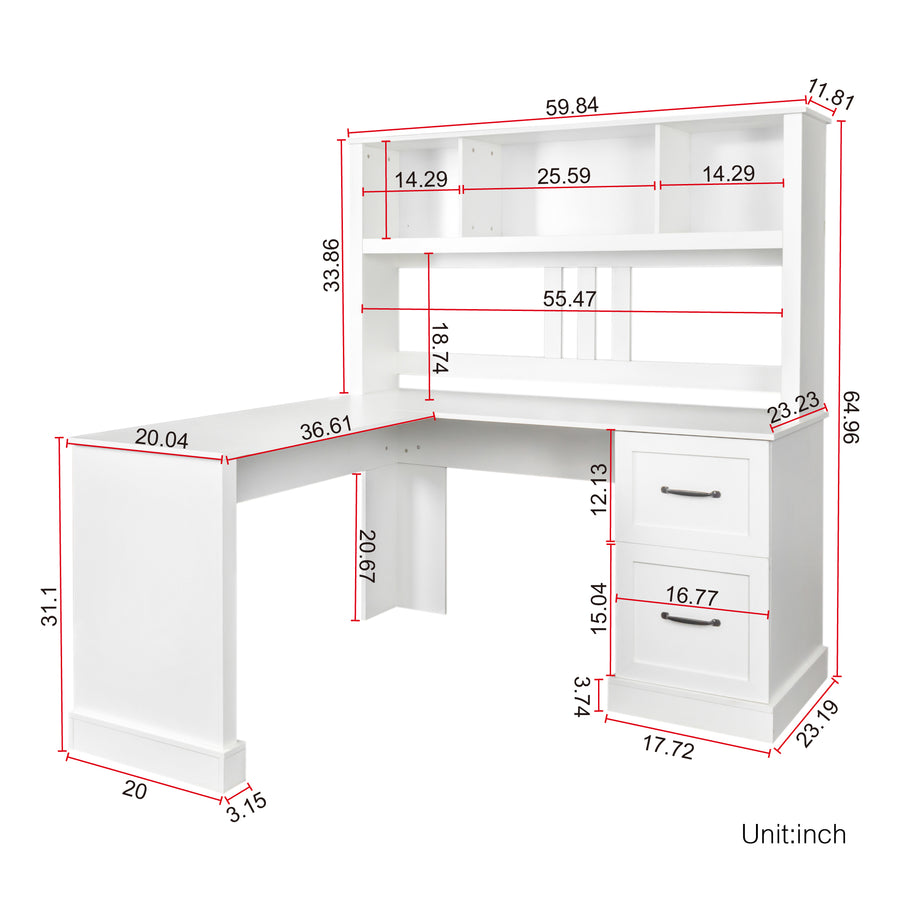 60" Antiqued White Corner Desk with Hutch & Drawers — alternate view 3