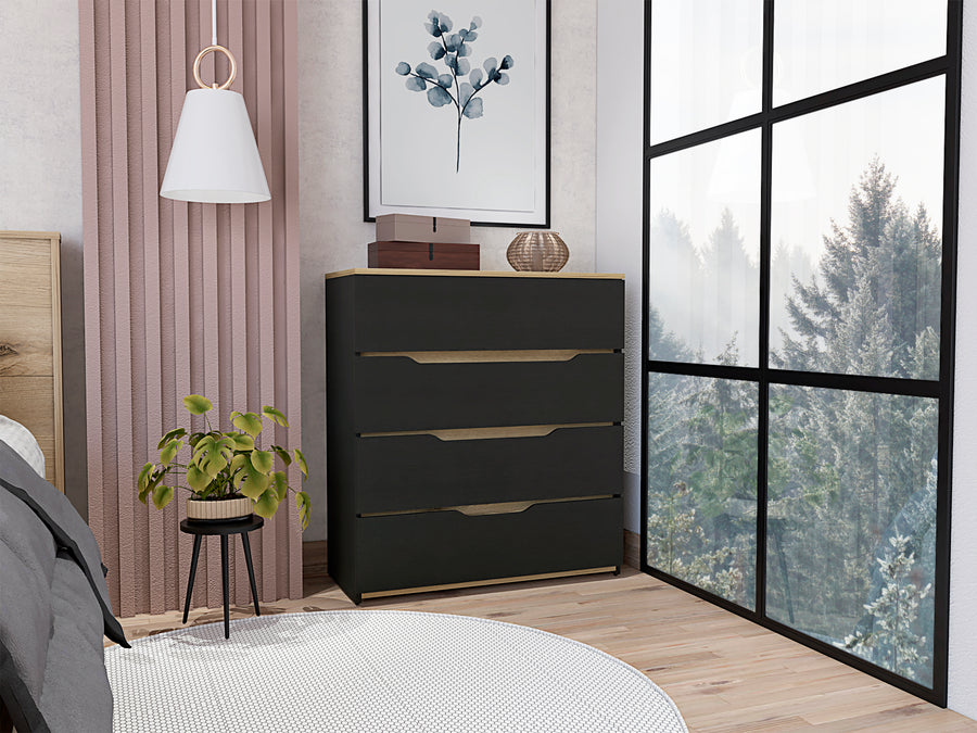 Zoe Dresser, Superior Top, Four Drawers -Black / Light Oak