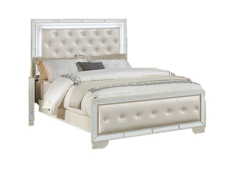 Tufted Faux Leather Queen Bed with LED Lights and Mirror Trim, Cream, view 3