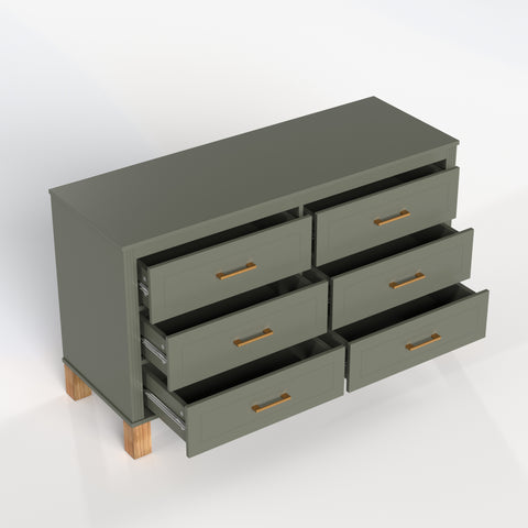 Mid-Century 6-Drawer Double Dresser with Metal Handles and Solid Wood Legs, Olive, view 20