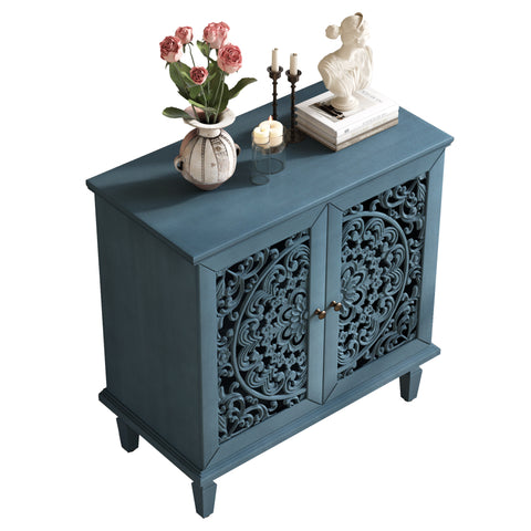Vintage Accent Cabinet with Carved Floral Doors and Solid Wood Legs, Antique Blue, view 18