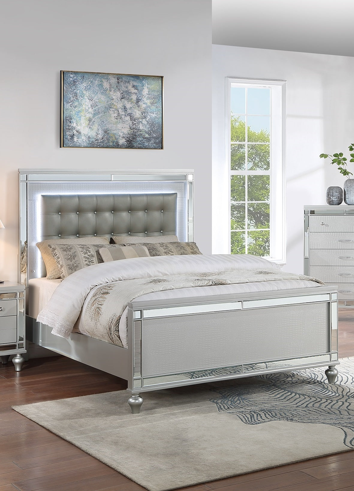 Tufted Faux Leather King Bed with LED Lights and Mirror Trim, Silver