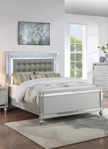 Tufted Faux Leather King Bed with LED Lights and Mirror Trim, Silver