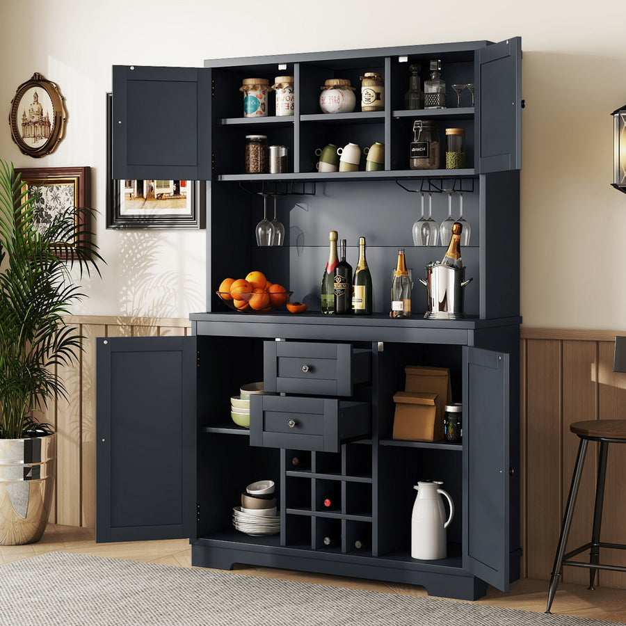 1PC Dark Blue Farmhouse Coffee Bar - Wine Rack + Drawers + Cabinets