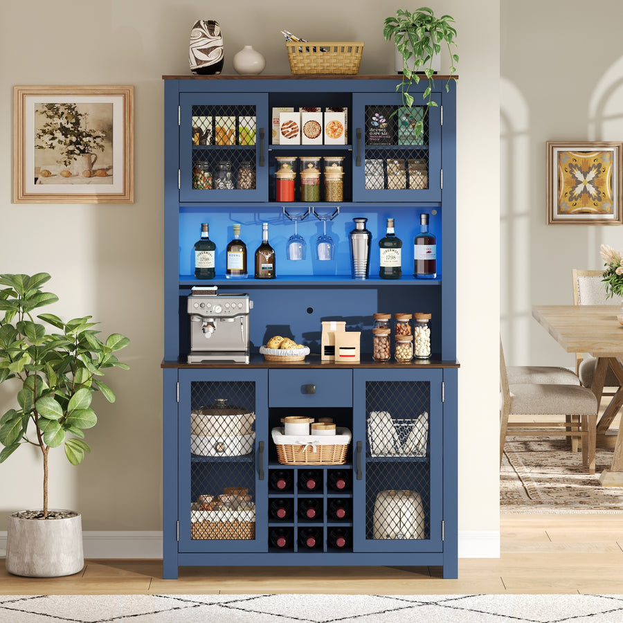 1PC 70.9' Navy Blue Rustic Kitchen Pantry - LED Outlets + Wine Rack