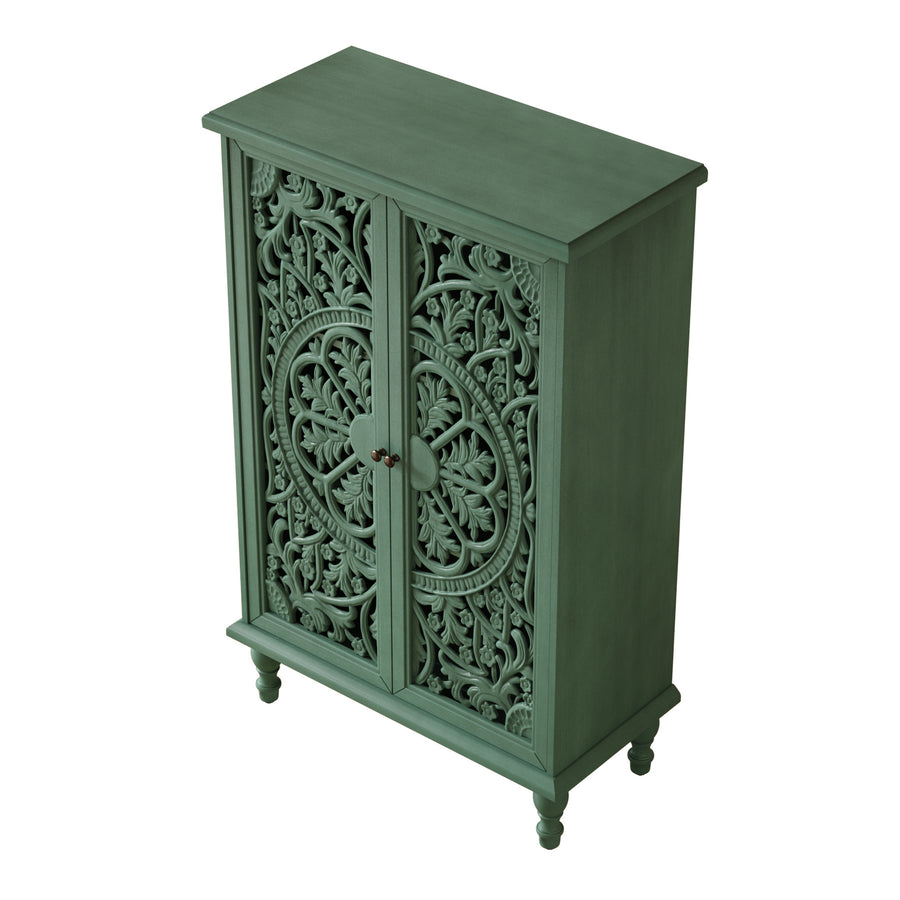 Farmhouse Accent Cabinet with Carved Hollow Doors and Turned Legs, Antique Green, view 17