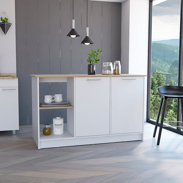 59" Light Oak & White Kitchen Island with Storage