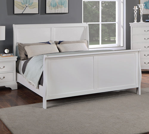 Modern Queen Sleigh Bed with Curved Headboard and Footboard, Wood Frame, White