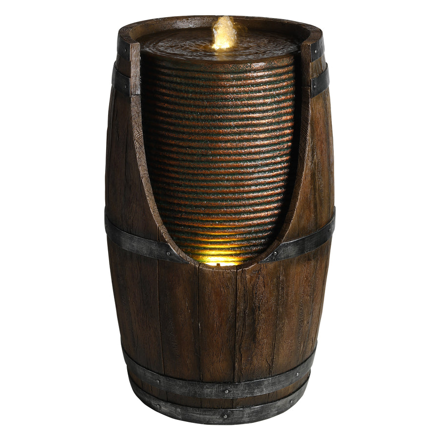 Rustic Barrel Water Fountain with LED Light, 24.8 in Brown Gray Resin