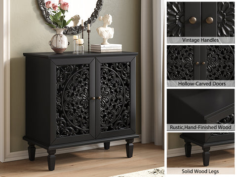 Vintage Accent Cabinet with Carved Floral Doors and Solid Wood Legs, Black, view 7