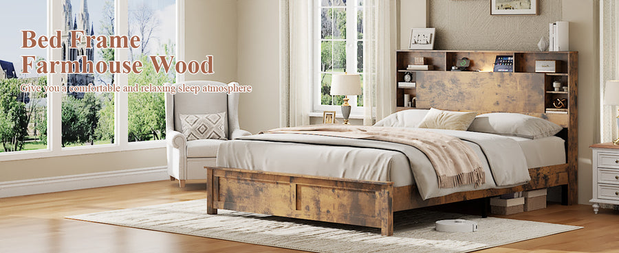 Queen Bed Frame with Bookcase Headboard, Dark Brown, view 11