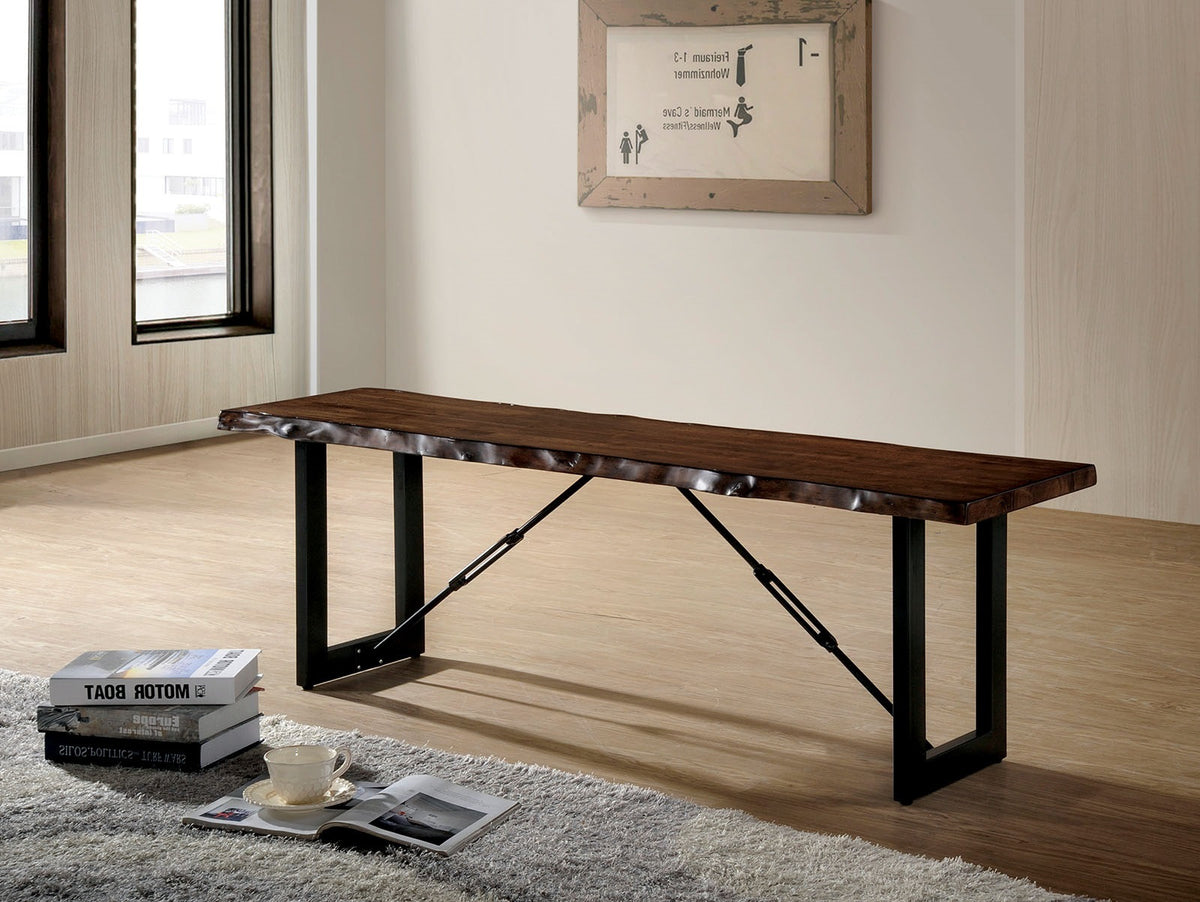 1 件式长凳，工业风 U 型金属腿，仿链条胡桃木和黑色双色饰面设计