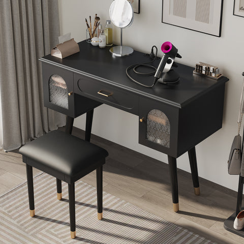 Elegant Black Vanity Makeup Table & Chair Set – Modern Dressing Table with Organizer & Charging Port