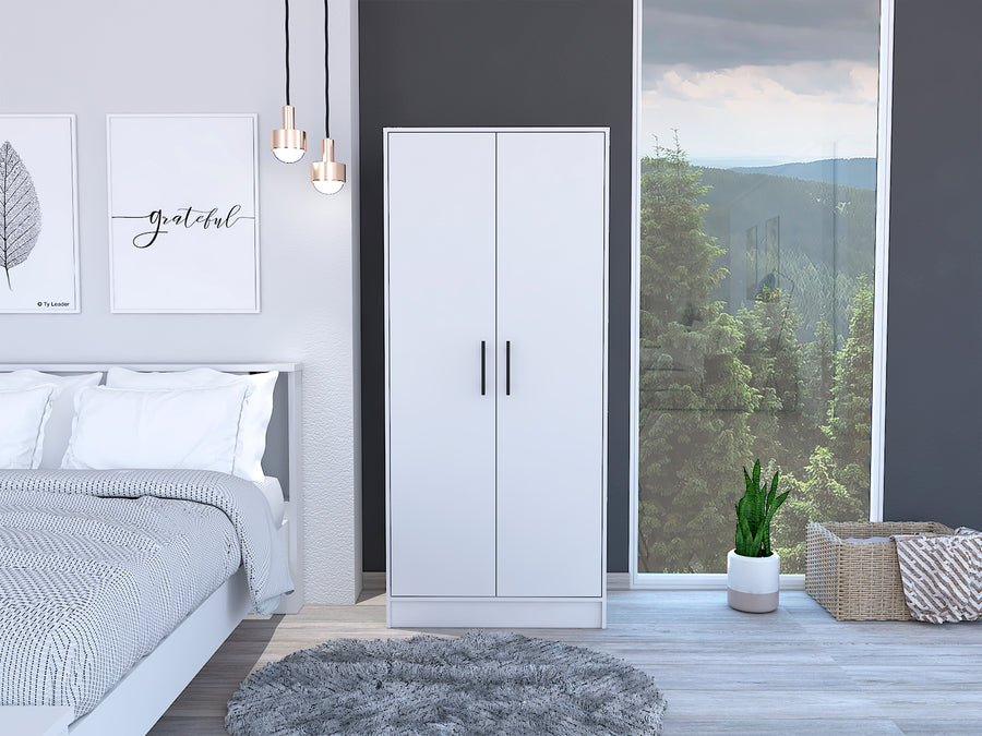 Ambery 71-inch white two-door armoire with drawer and hanging rod