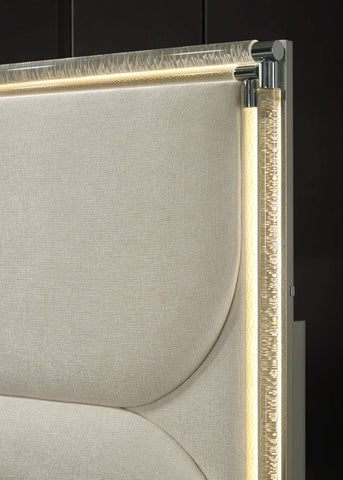 Glam Upholstered Queen Bed with LED Acrylic Headboard and Mirrored Embossed Panels, Silver, view 8