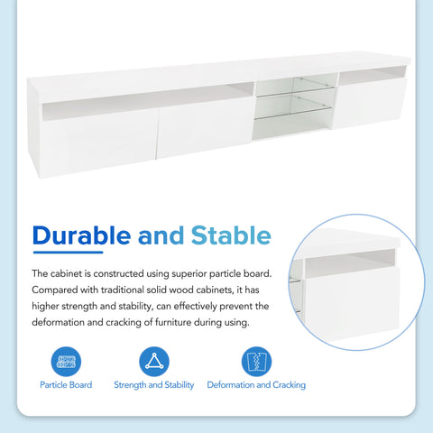 94.5" Extra-Long TV Stand with Glass Shelves and App-Controlled LED Lights, White, view 7