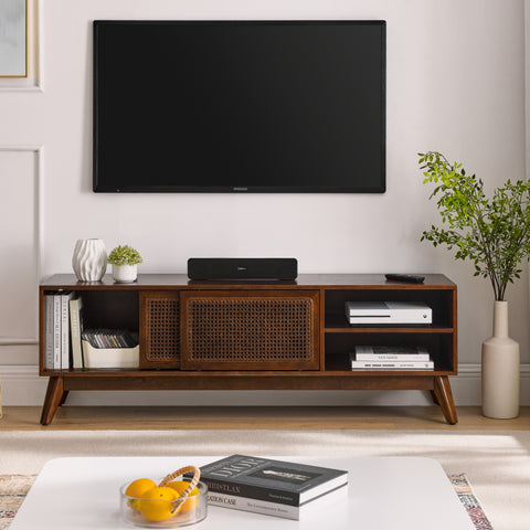 Mid-Century Rattan TV Stand for TVs Up to 65", Dark Wood, view 2