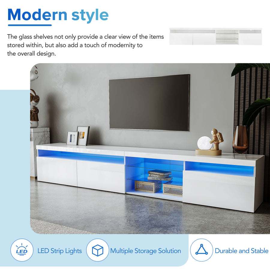 94.5" Extra-Long TV Stand with Glass Shelves and App-Controlled LED Lights, White, view 5